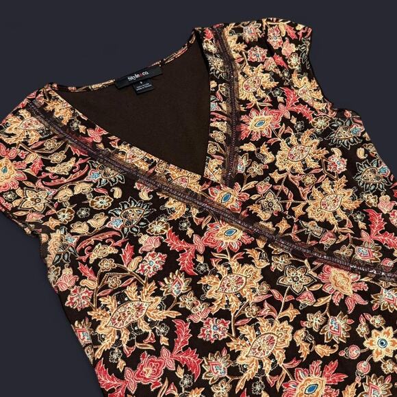 Style & Co Dark Brown & Orange Boho Floral Pattern Faux Wrap Mesh Fairy Top S - Picture 7 of 8